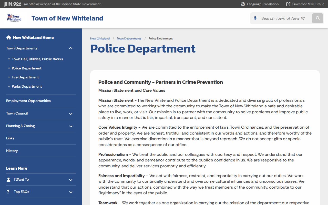 New Whiteland warrant records contact route on the official police page